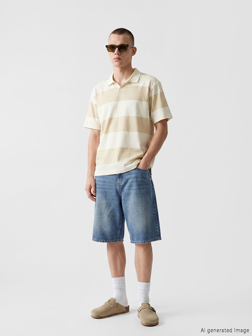 Bej Relaxed Fit Polo Yaka Çizgili Erkek Tişört-1