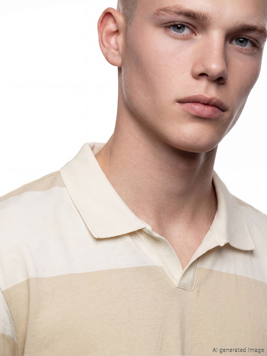 Bej Relaxed Fit Polo Yaka Çizgili Erkek Tişört-2