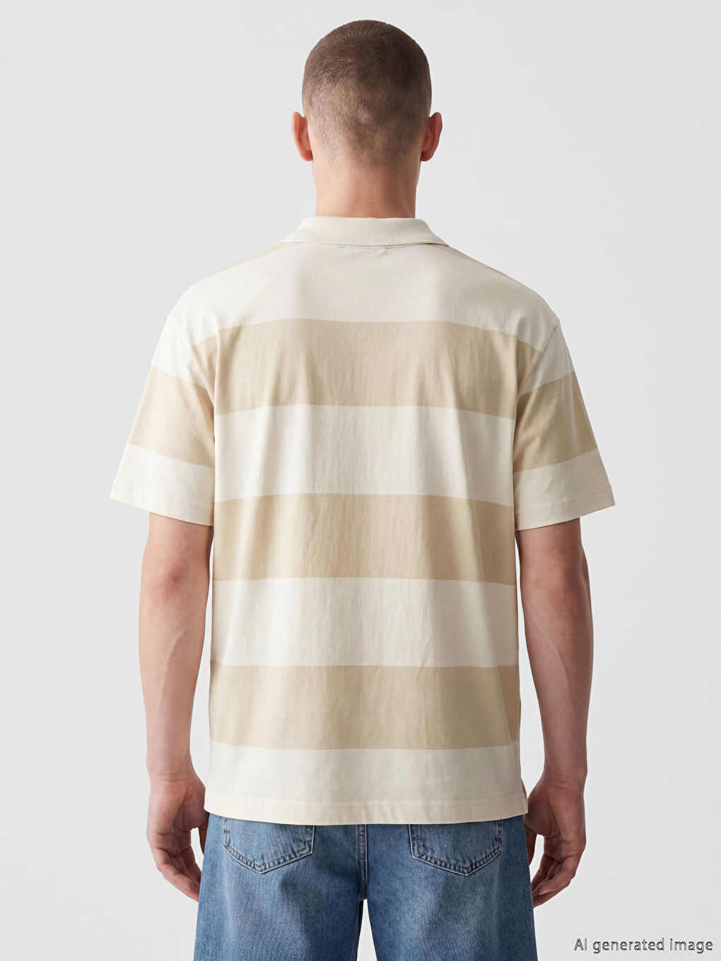 Bej Relaxed Fit Polo Yaka Çizgili Erkek Tişört-3