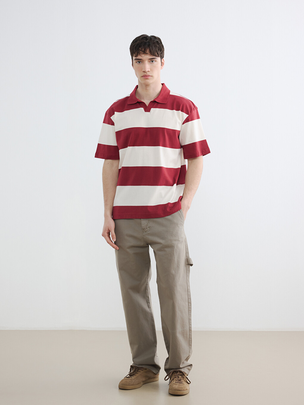 Relaxed Fit Polo Collar Striped Men's T-Shirt-3