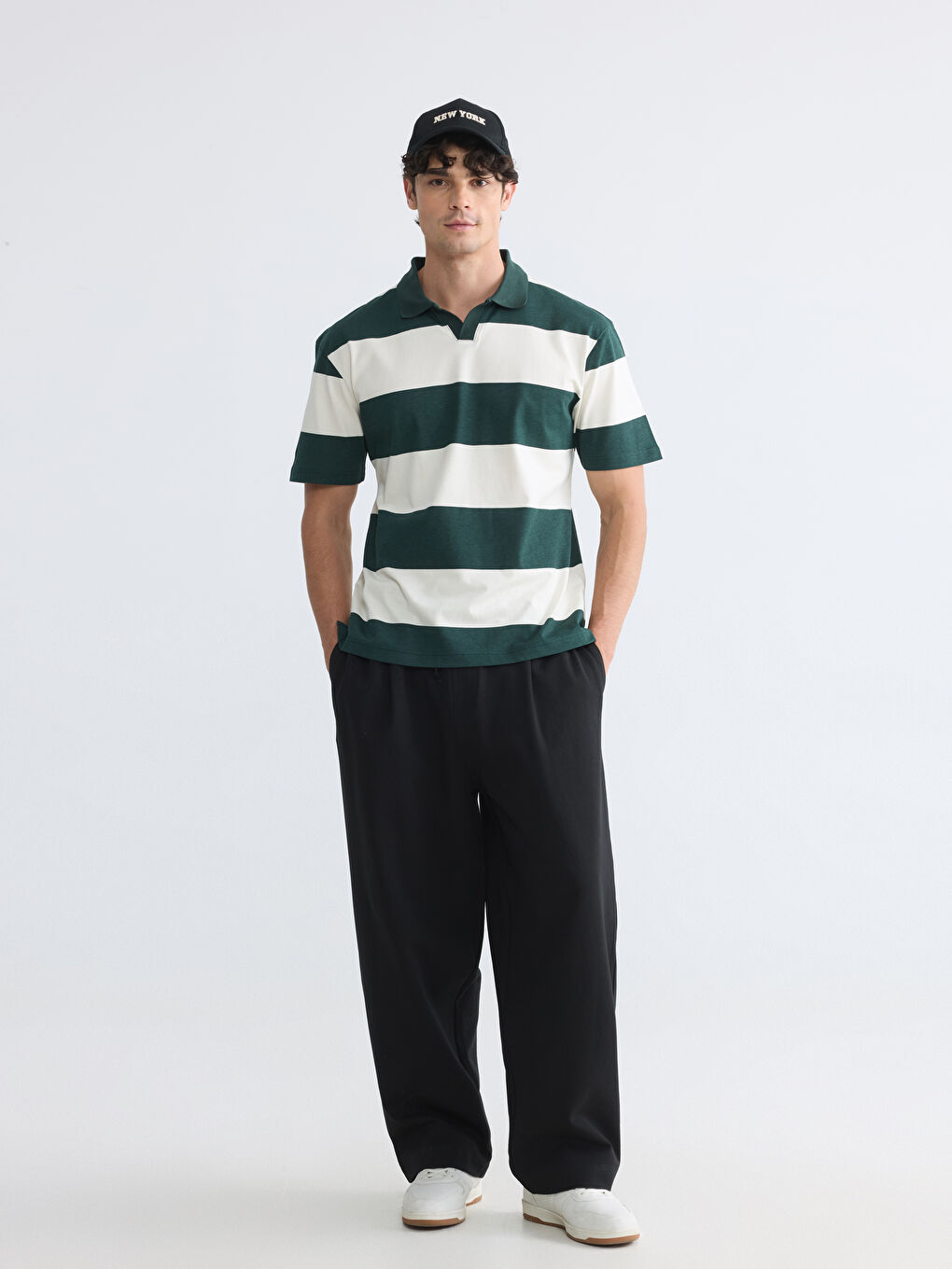 Yeşil Polo Yaka Çizgili Penye Erkek Tişört-1