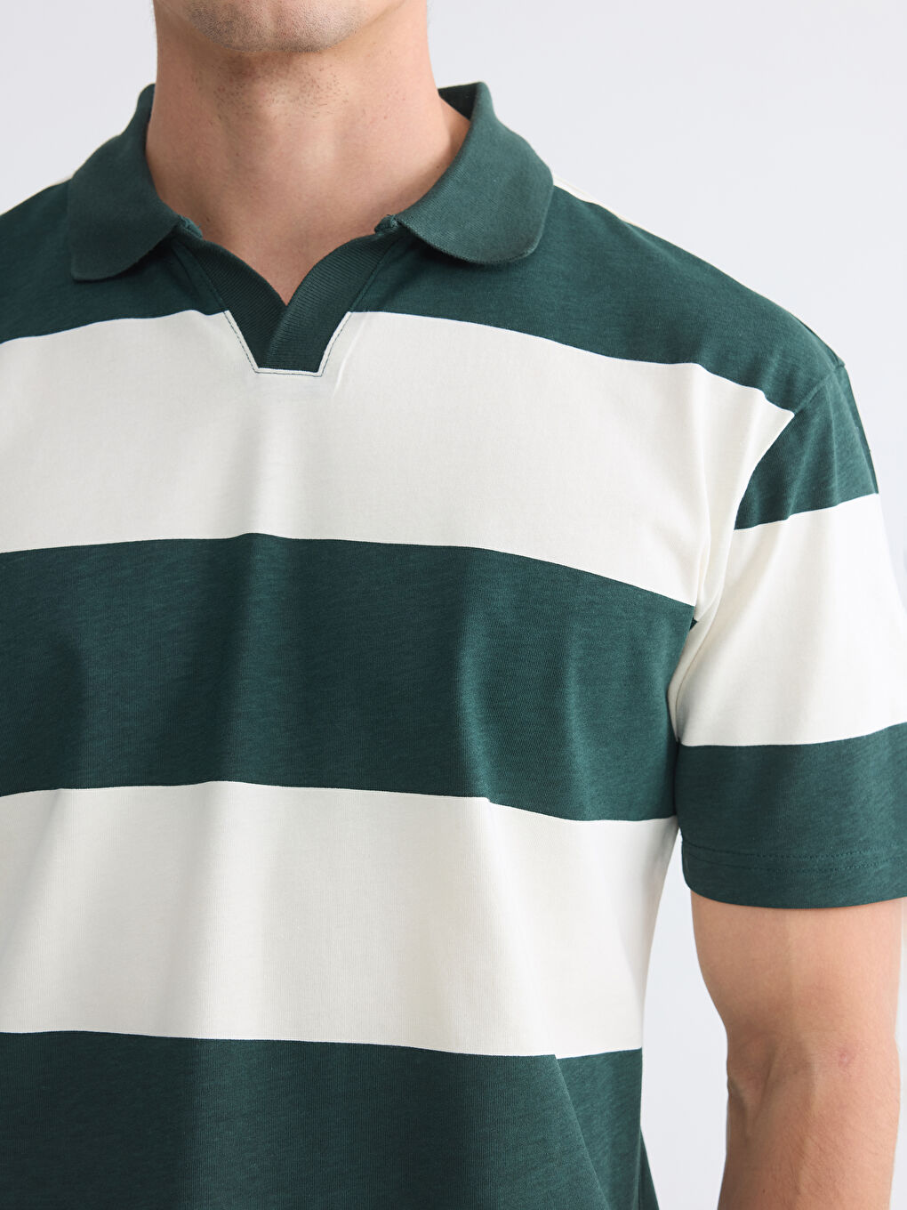 Yeşil Polo Yaka Çizgili Penye Erkek Tişört-2