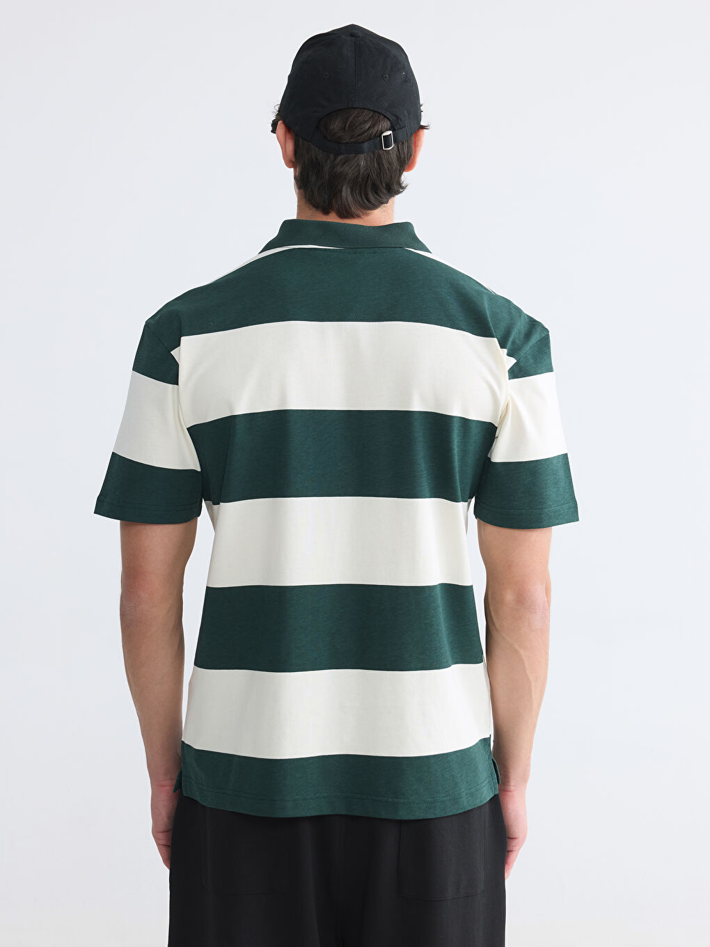 Yeşil Polo Yaka Çizgili Penye Erkek Tişört-3