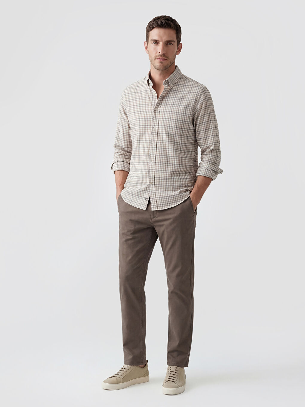 Bej Regular Fit Ekose Erkek Gömlek-1
