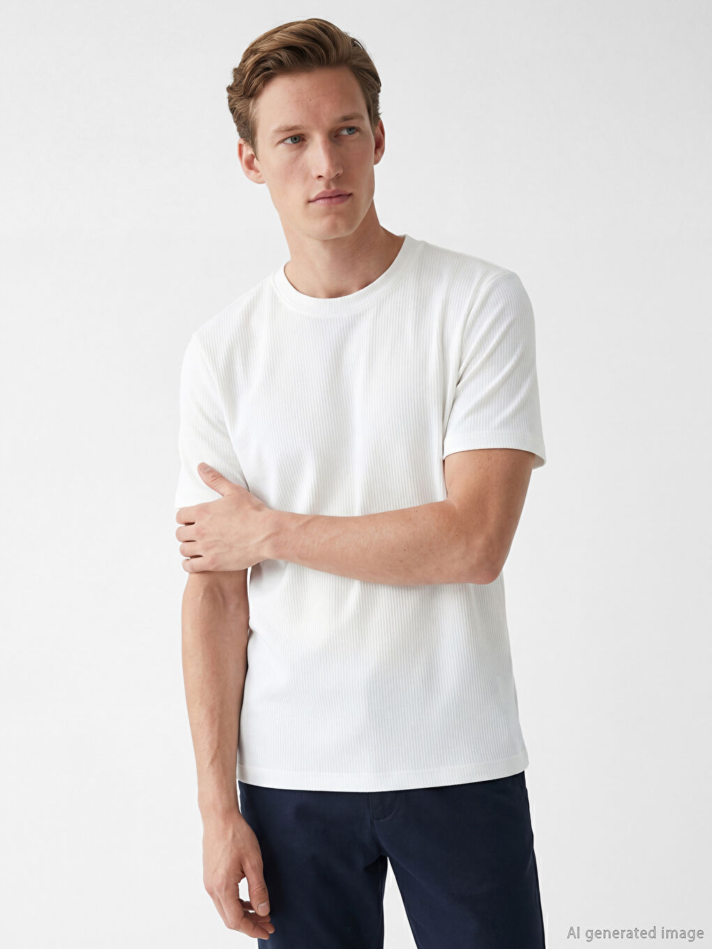 Beyaz Bisiklet Yaka Fitilli Erkek Tişört