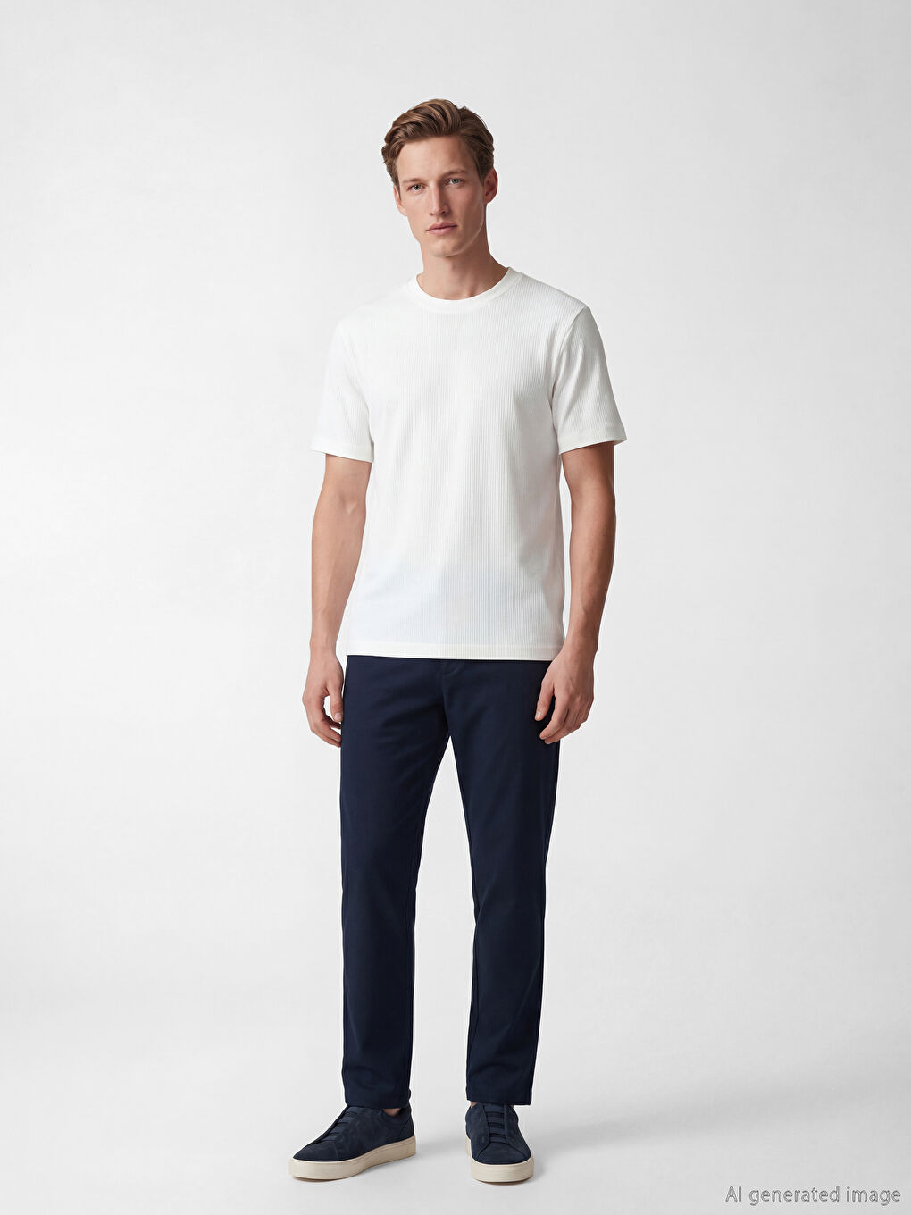 Beyaz Bisiklet Yaka Fitilli Erkek Tişört-1