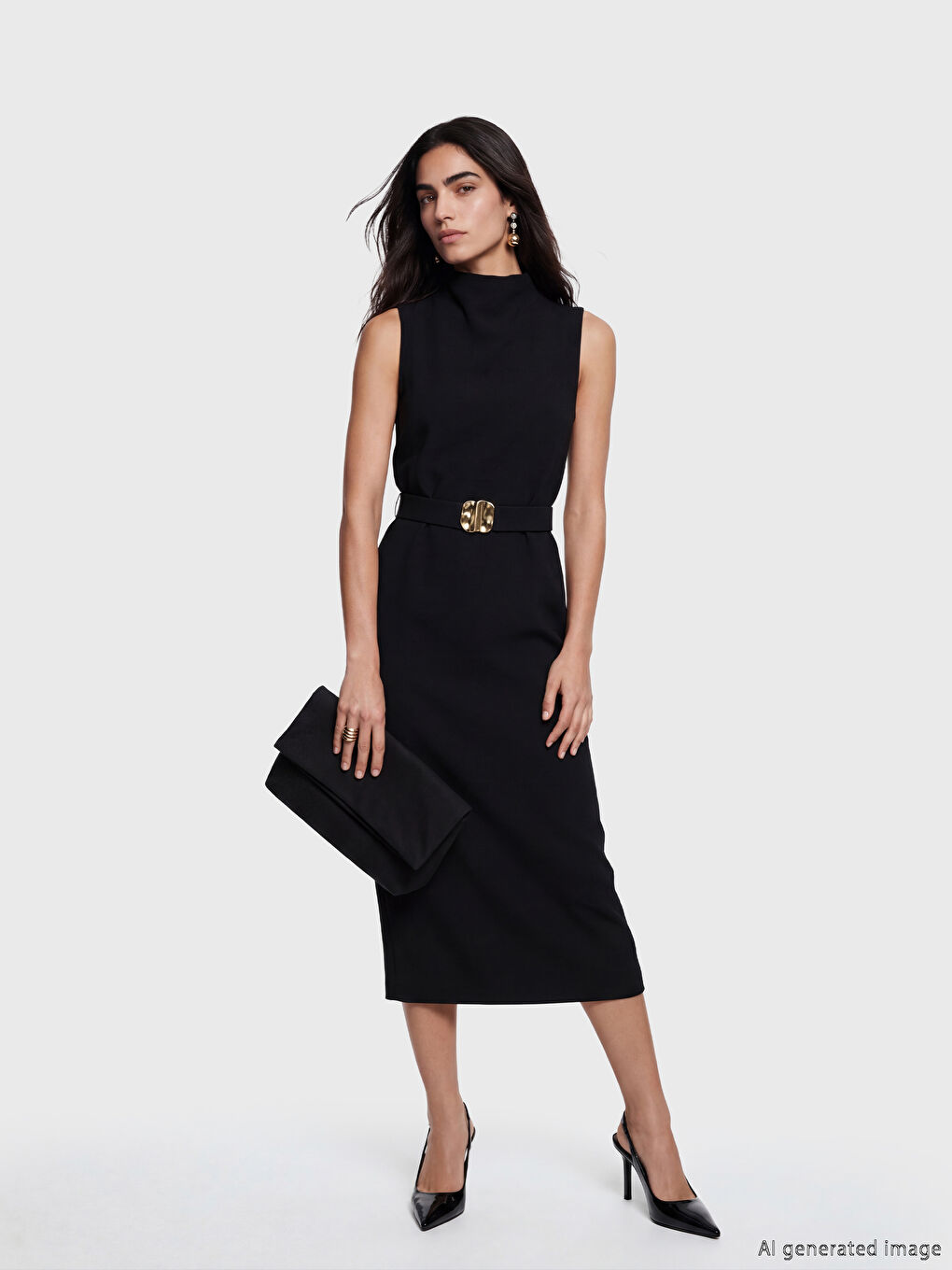 Siyah Dik Yaka Kemerli Yırtmaçlı Elbise