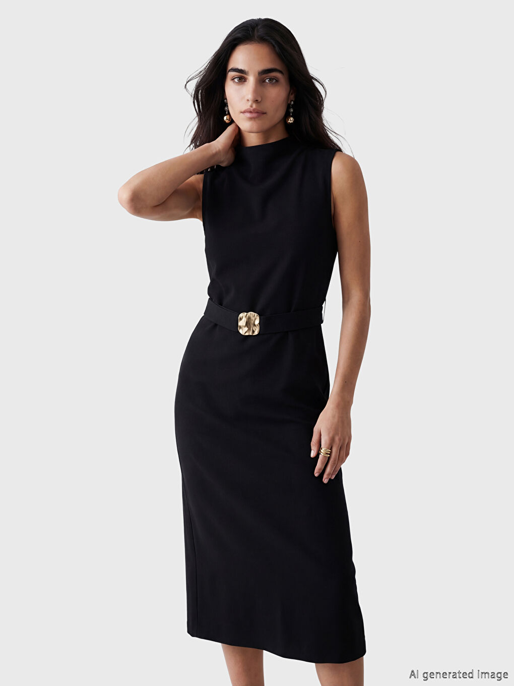 Siyah Dik Yaka Kemerli Yırtmaçlı Elbise-1