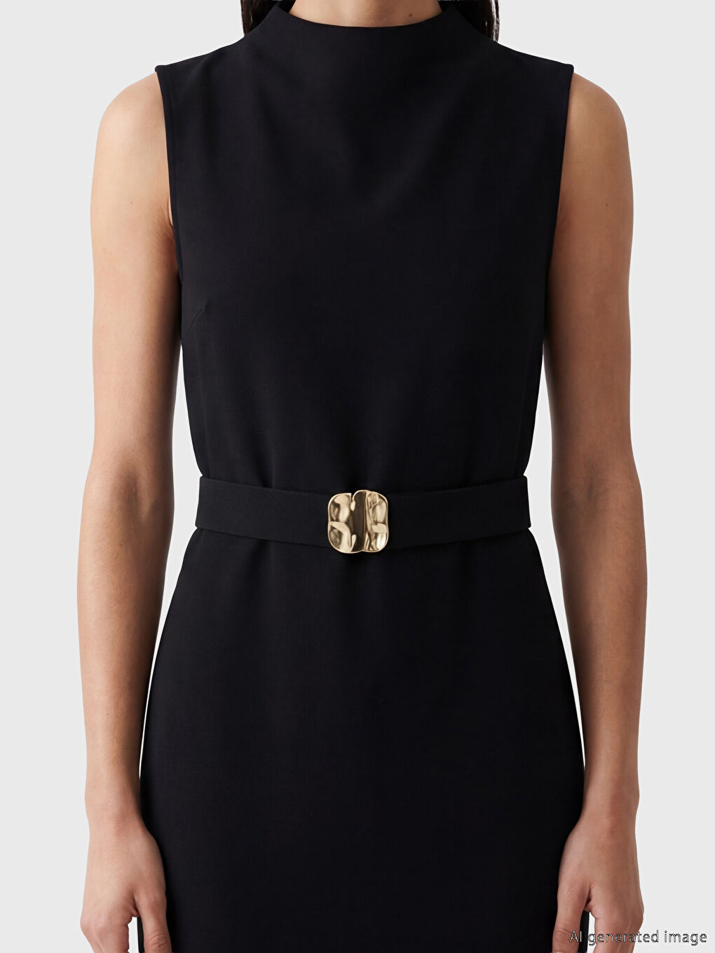 Siyah Dik Yaka Kemerli Yırtmaçlı Elbise-2