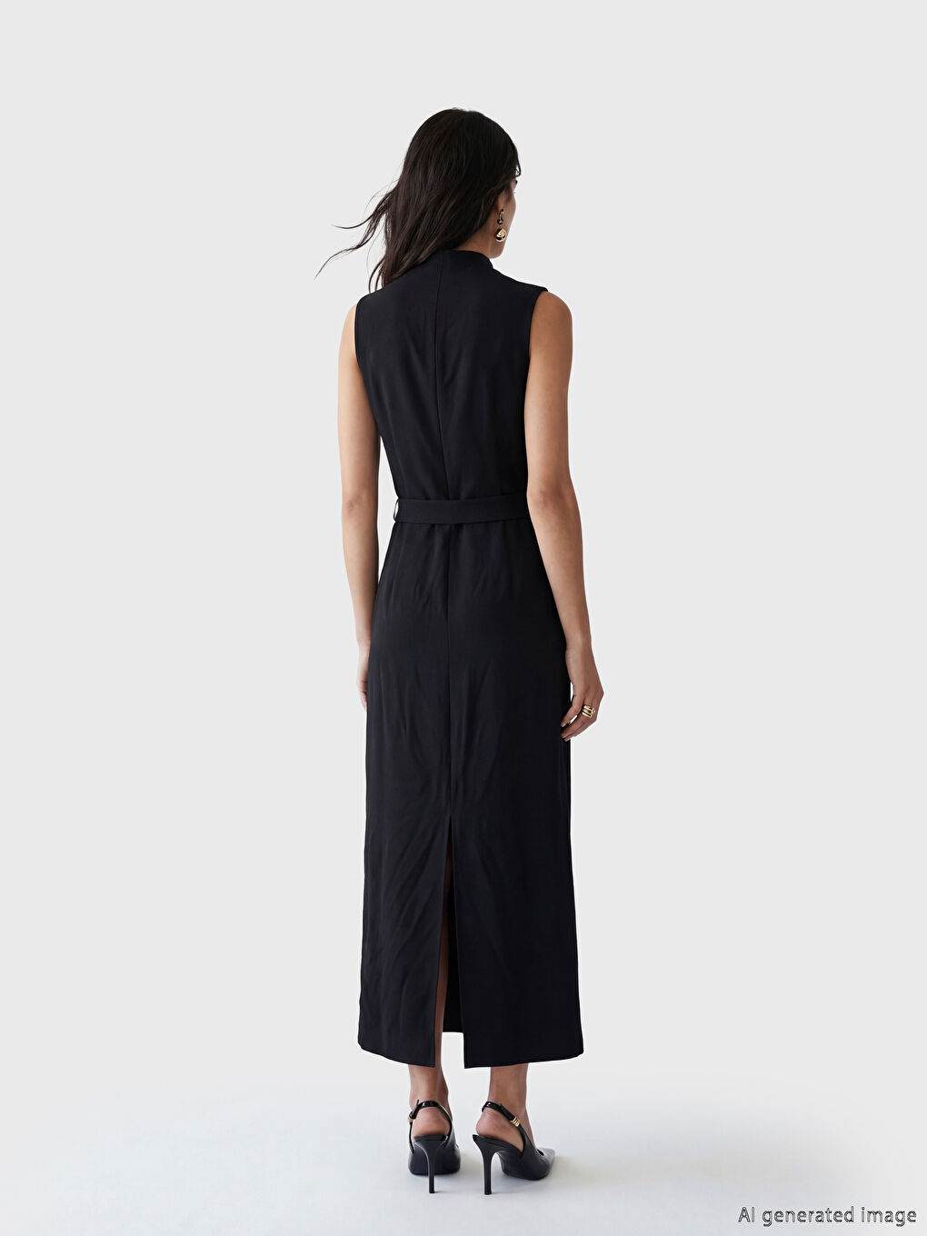 Siyah Dik Yaka Kemerli Yırtmaçlı Elbise-3