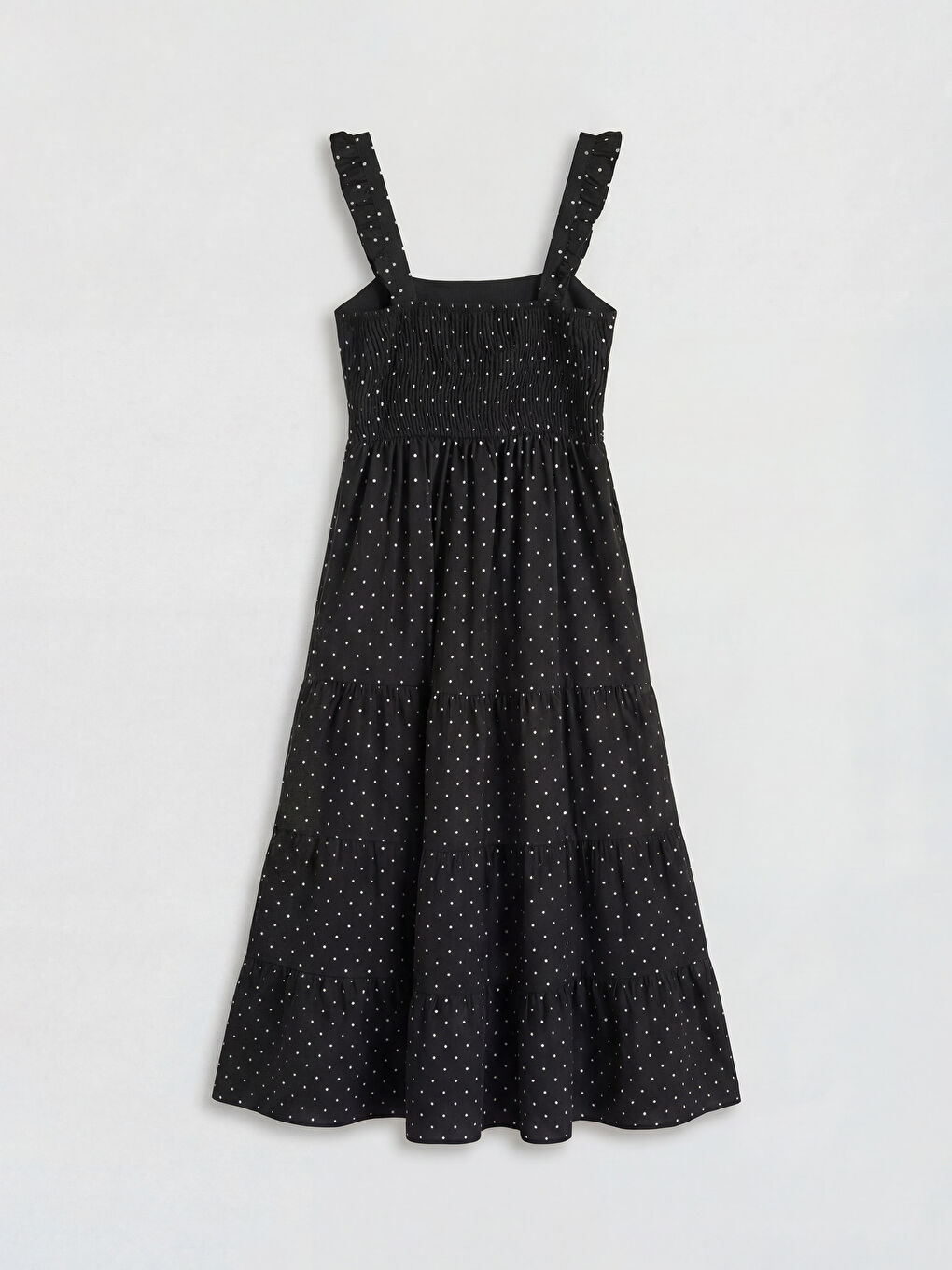 Siyah Kare Yaka Puantiyeli Fırfırlı Katkat Elbise-1