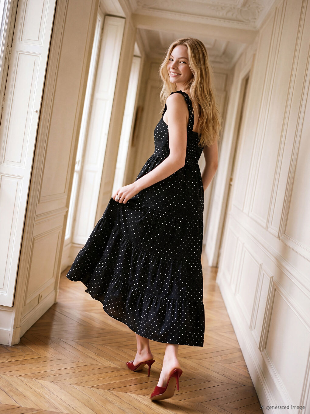 Square Neck Polka Dot Ruffled Tiered Dress
