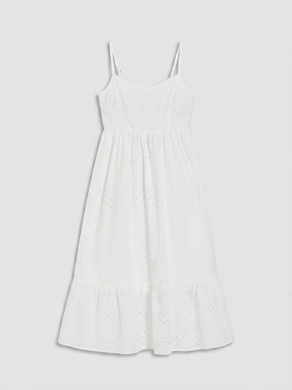 Beyaz İp Askılı Belden Oturtmalı Brode Elbise