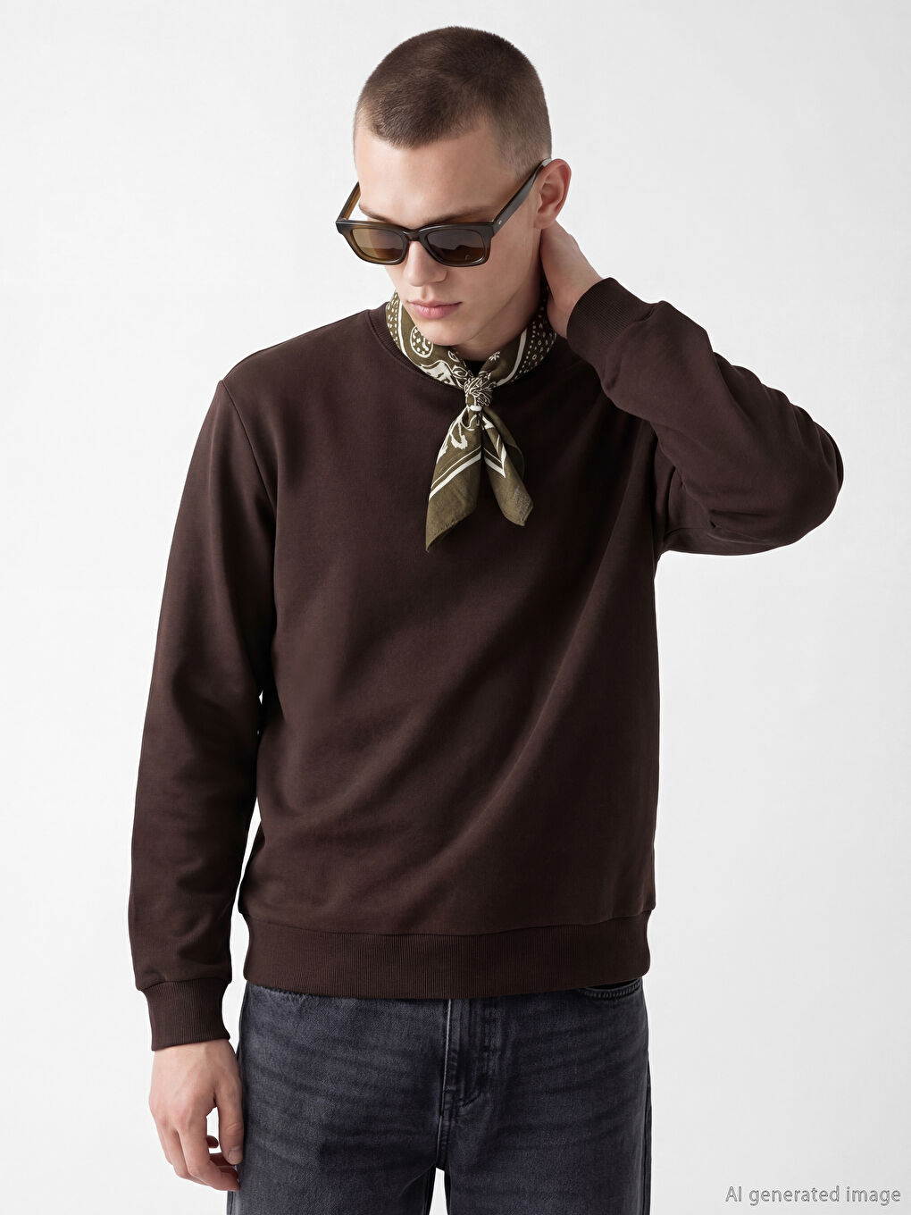 Kahverengi Bisiklet Yaka Erkek Sweatshirt