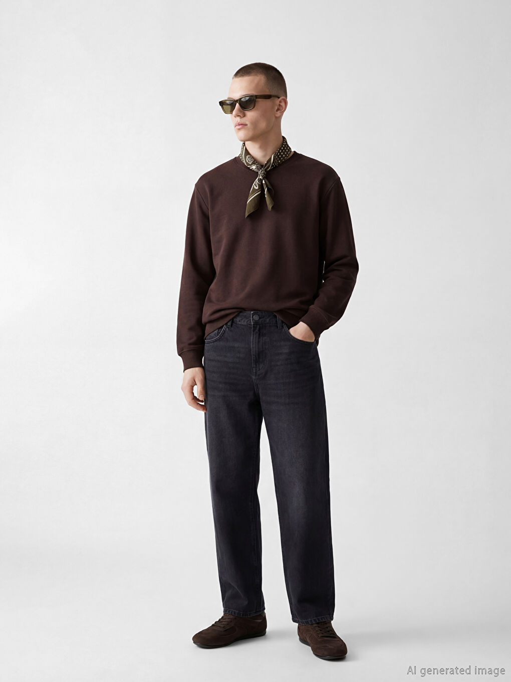 Kahverengi Bisiklet Yaka Erkek Sweatshirt-1