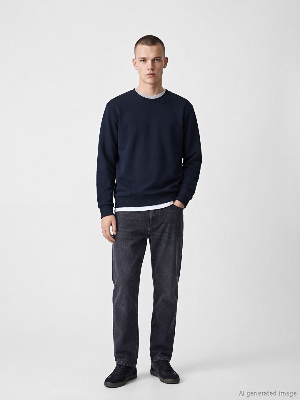 Lacivert Bisiklet Yaka Erkek Sweatshirt-1