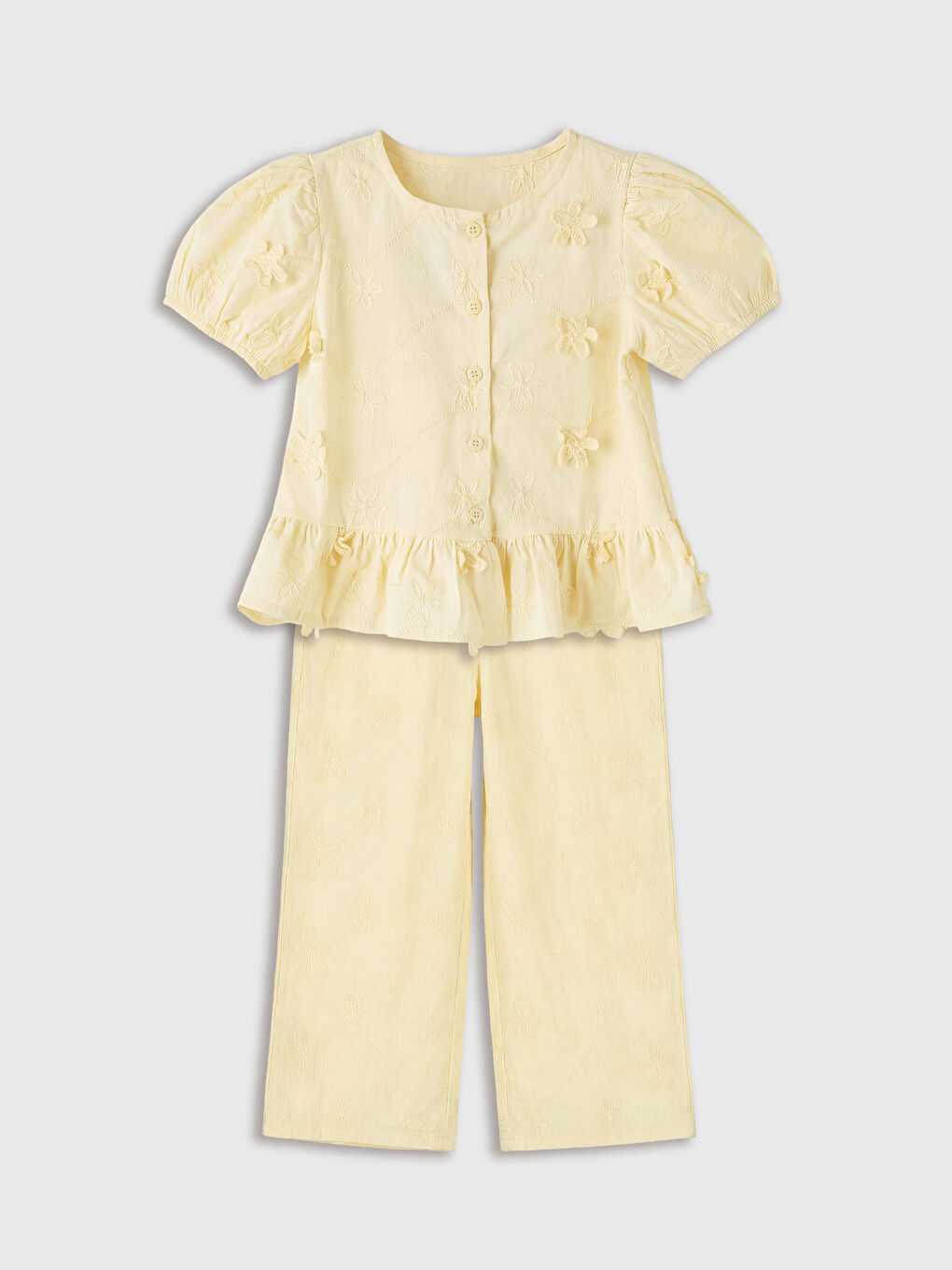 Sarı Nakışlı Kız Çocuk Gömlek ve Pantolon