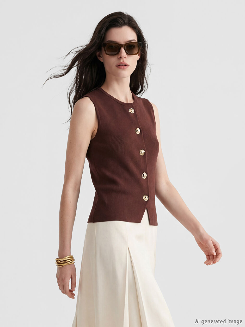 Kahverengi Bisiklet Yaka Kadın Triko Yelek