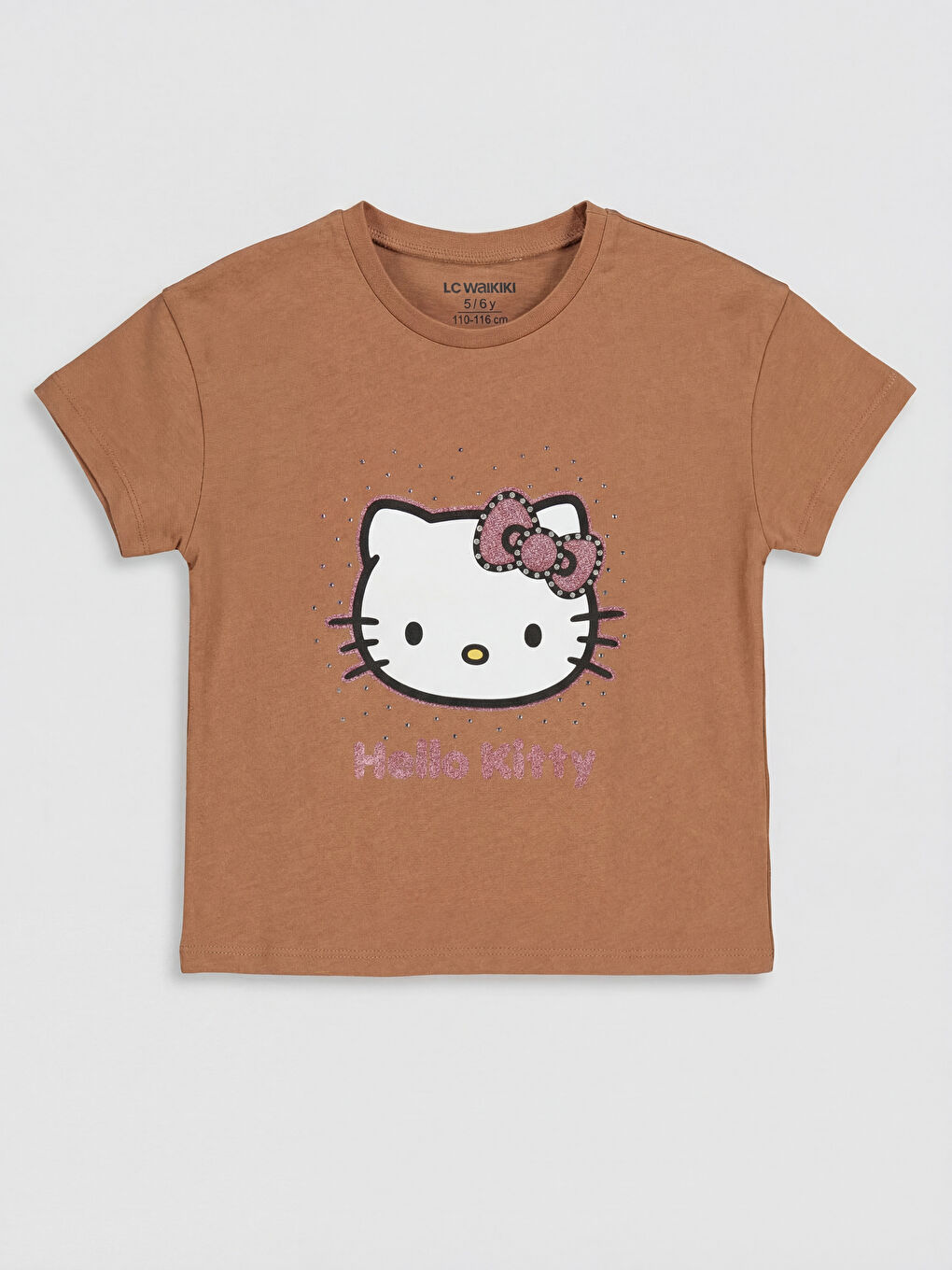 Kahverengi Bisiklet Yaka Hello Kitty Baskılı Kız Çocuk Tişört