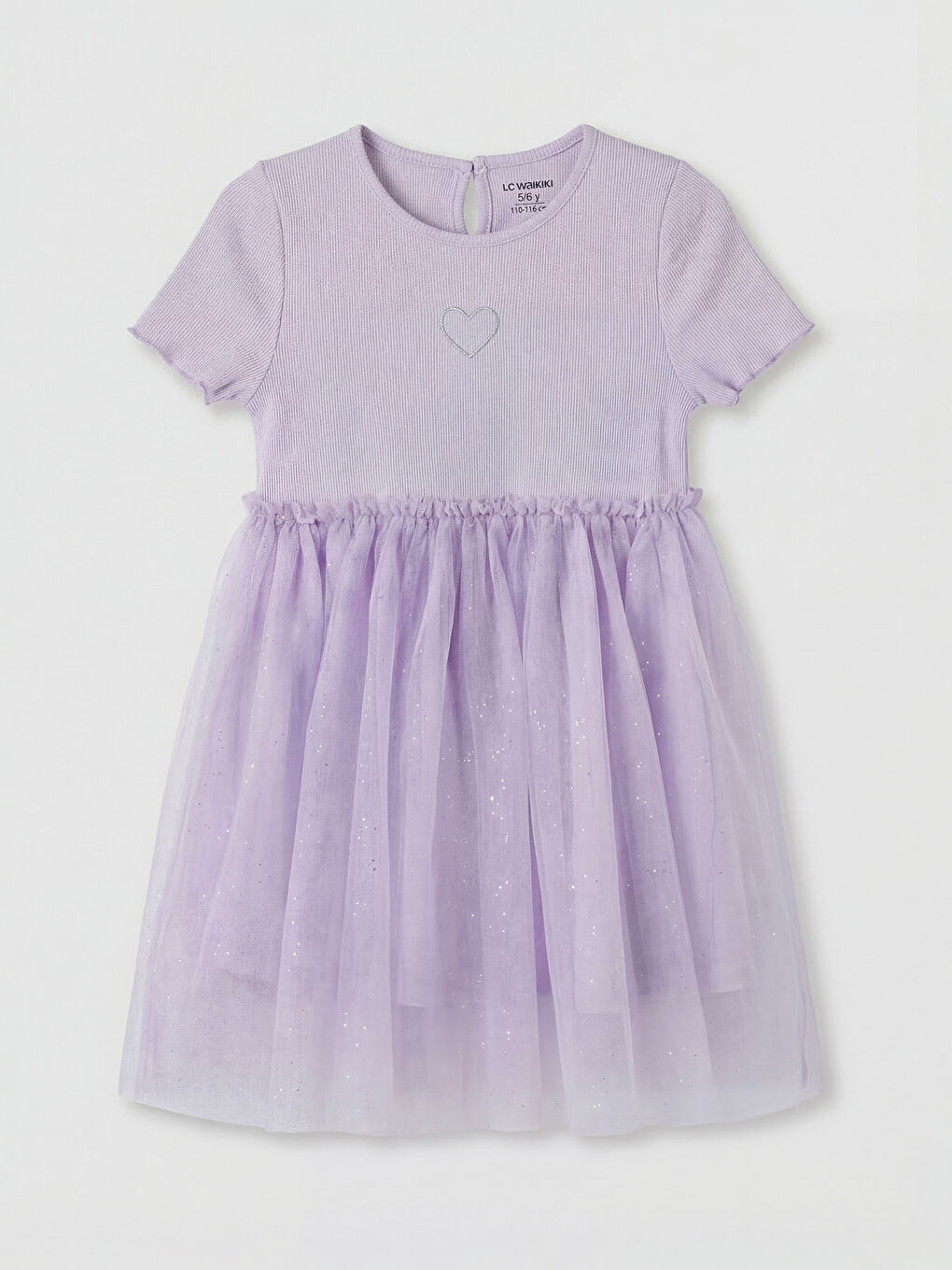 Lila Bisiklet Yaka Tüllü Kız Çocuk Elbise