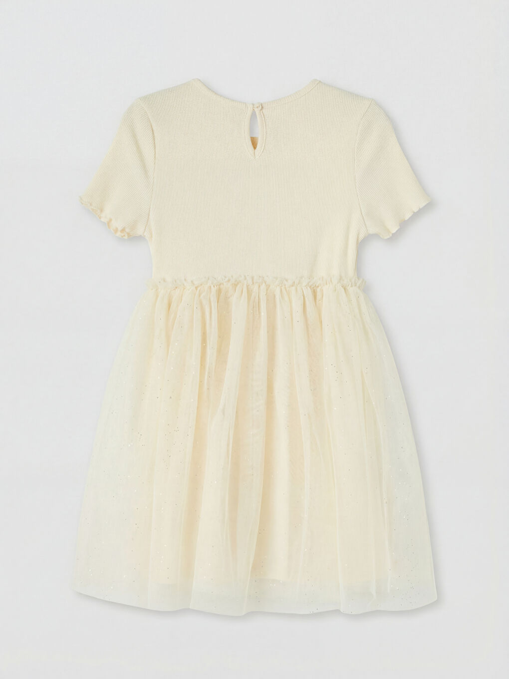 Ekru Bisiklet Yaka Kalp Nakışlı Kız Çocuk Tütü Elbise-1