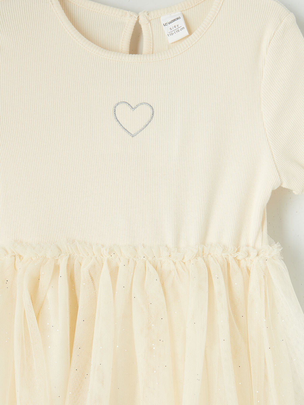 Ekru Bisiklet Yaka Kalp Nakışlı Kız Çocuk Tütü Elbise-2