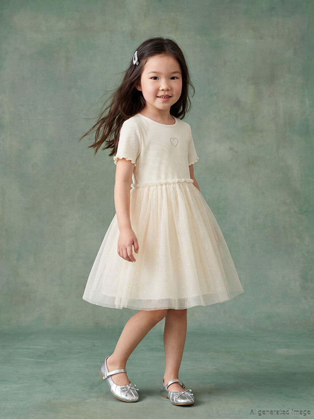 Beyaz Bisiklet Yaka Kalp Nakışlı Kız Çocuk Tütü Elbise