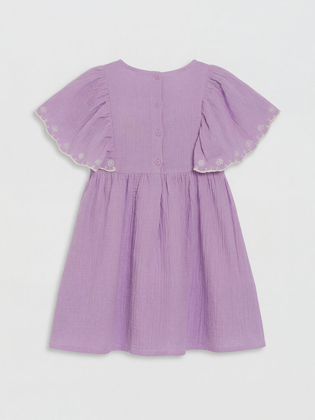 Lila Bisiklet Yaka Nakışlı Kız Çocuk Müslin Elbise-1
