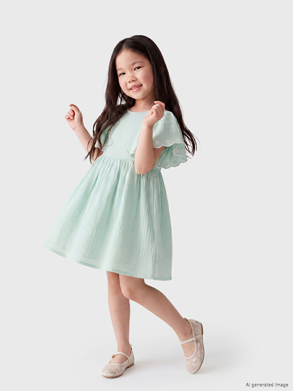 Crew Neck Embroidered Girls' Muslin Dress
