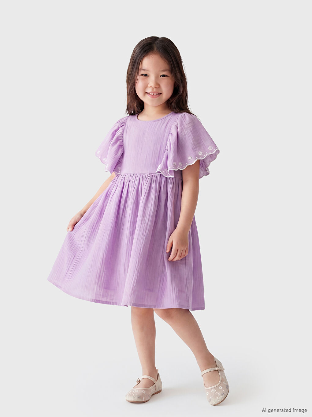 Crew Neck Embroidered Girls' Muslin Dress