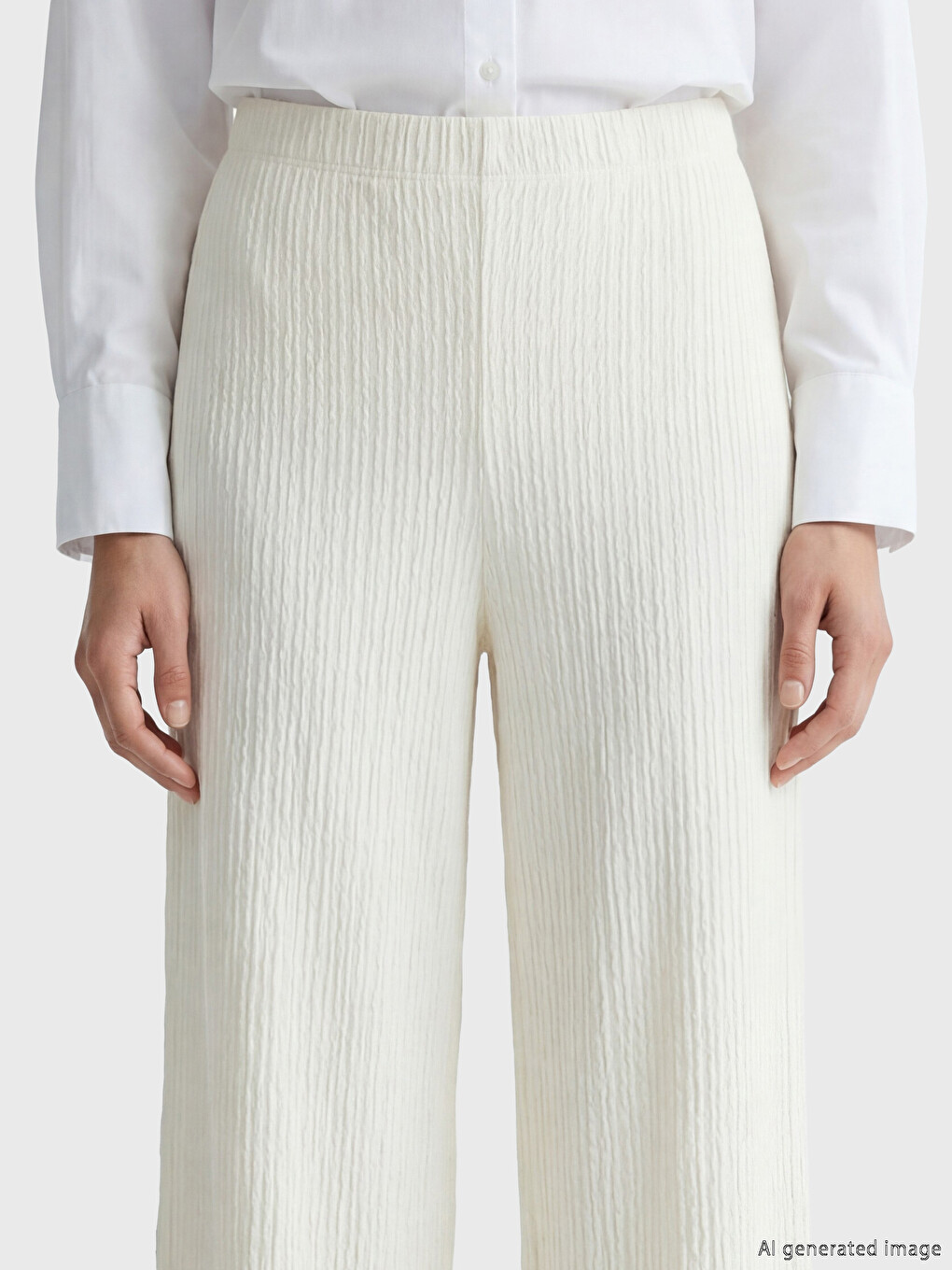 Ekru Beli Lastikli Dokulu Kadın Pantolon-3
