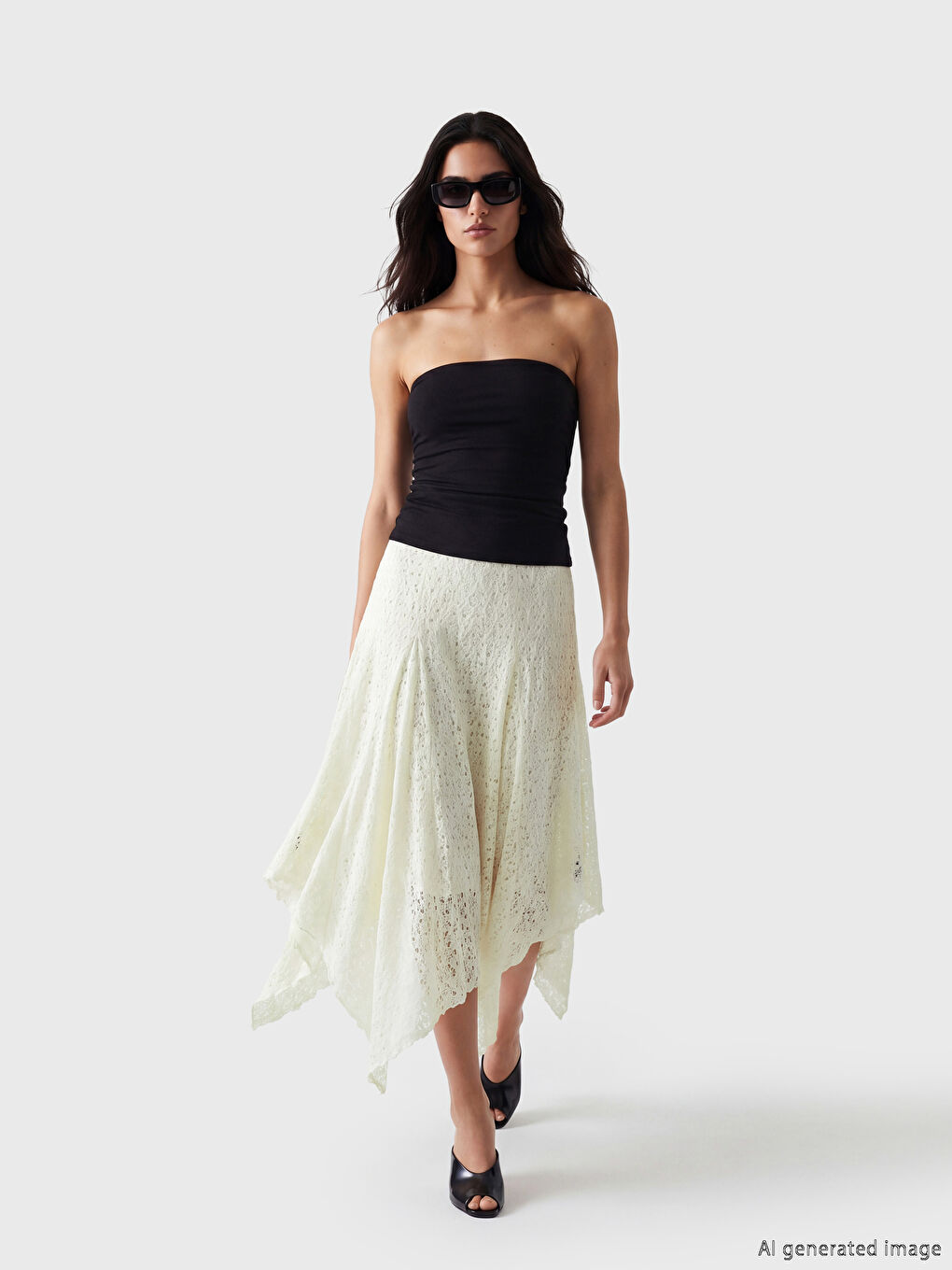 Beyaz Asimetrik Kesim Dantelli Etek