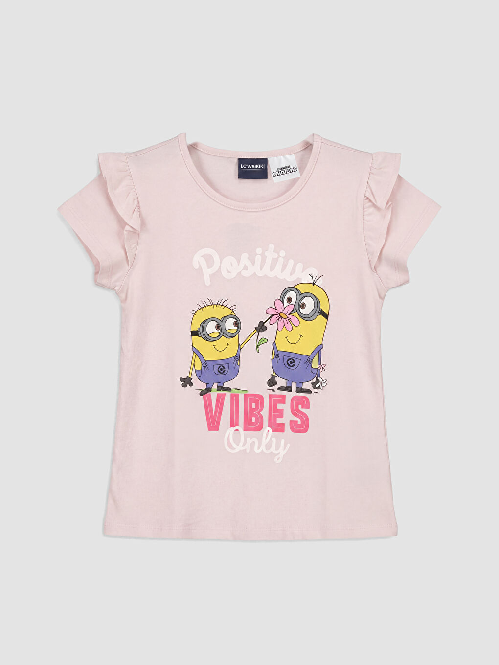 Pembe Bisiklet Yaka Minions Baskılı Kız Çocuk Tişört