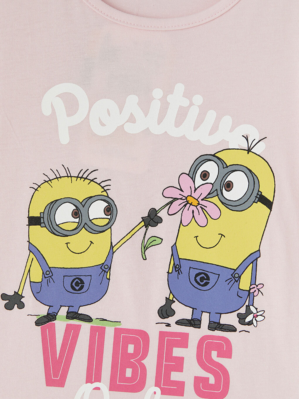 Pembe Bisiklet Yaka Minions Baskılı Kız Çocuk Tişört-1