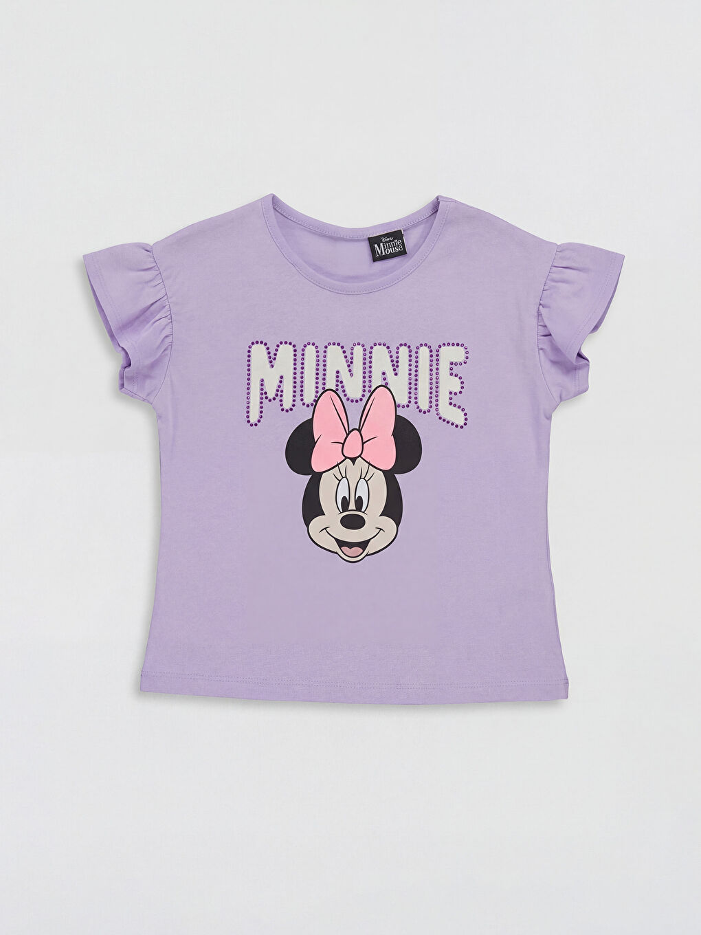 Lila Bisiklet Yaka Minnie Mouse Baskılı Kız Çocuk Tişört