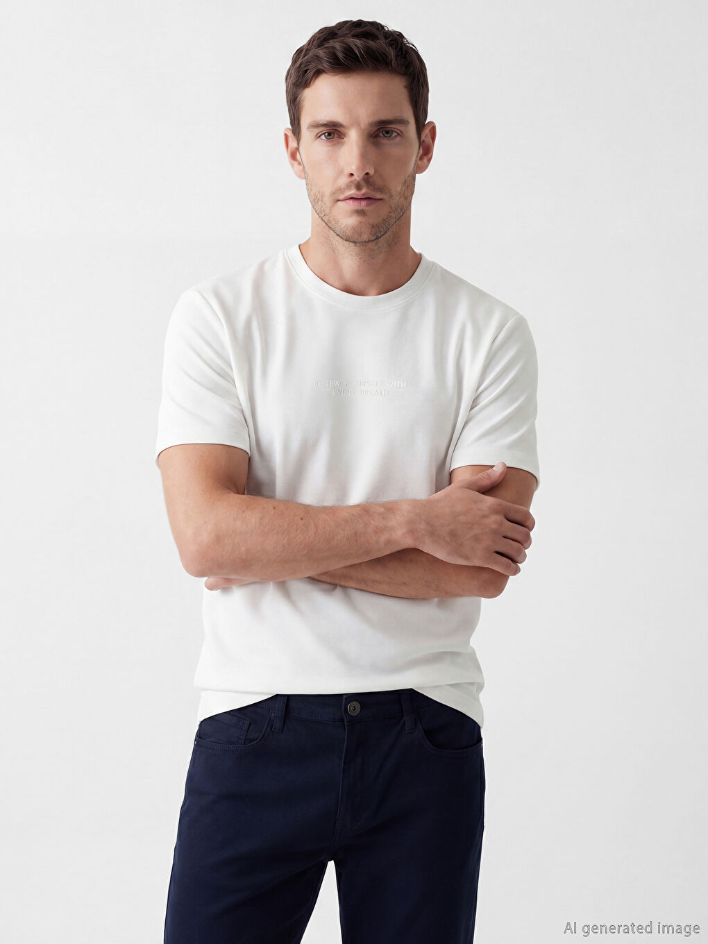 Beyaz Bisiklet Yaka Baskılı Erkek Dry Touch Tişört