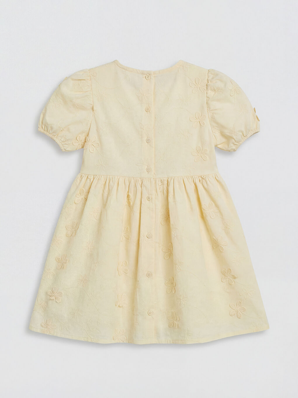 Sarı Bisiklet Yaka Çiçek Nakışlı Kız Çocuk Saten Elbise-1