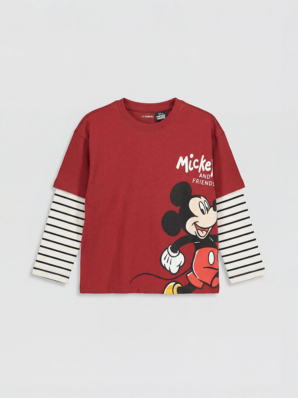 Bordo Bisiklet Yaka Mickey Mouse Baskılı Erkek Çocuk Tişört