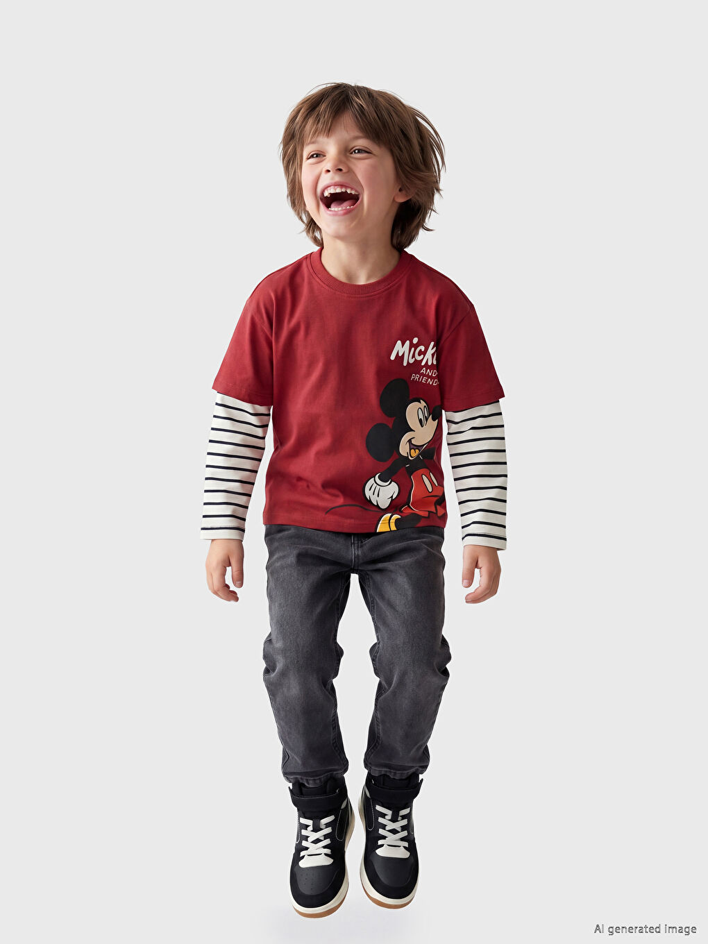 Bordo Bisiklet Yaka Mickey Mouse Baskılı Erkek Çocuk Tişört-1