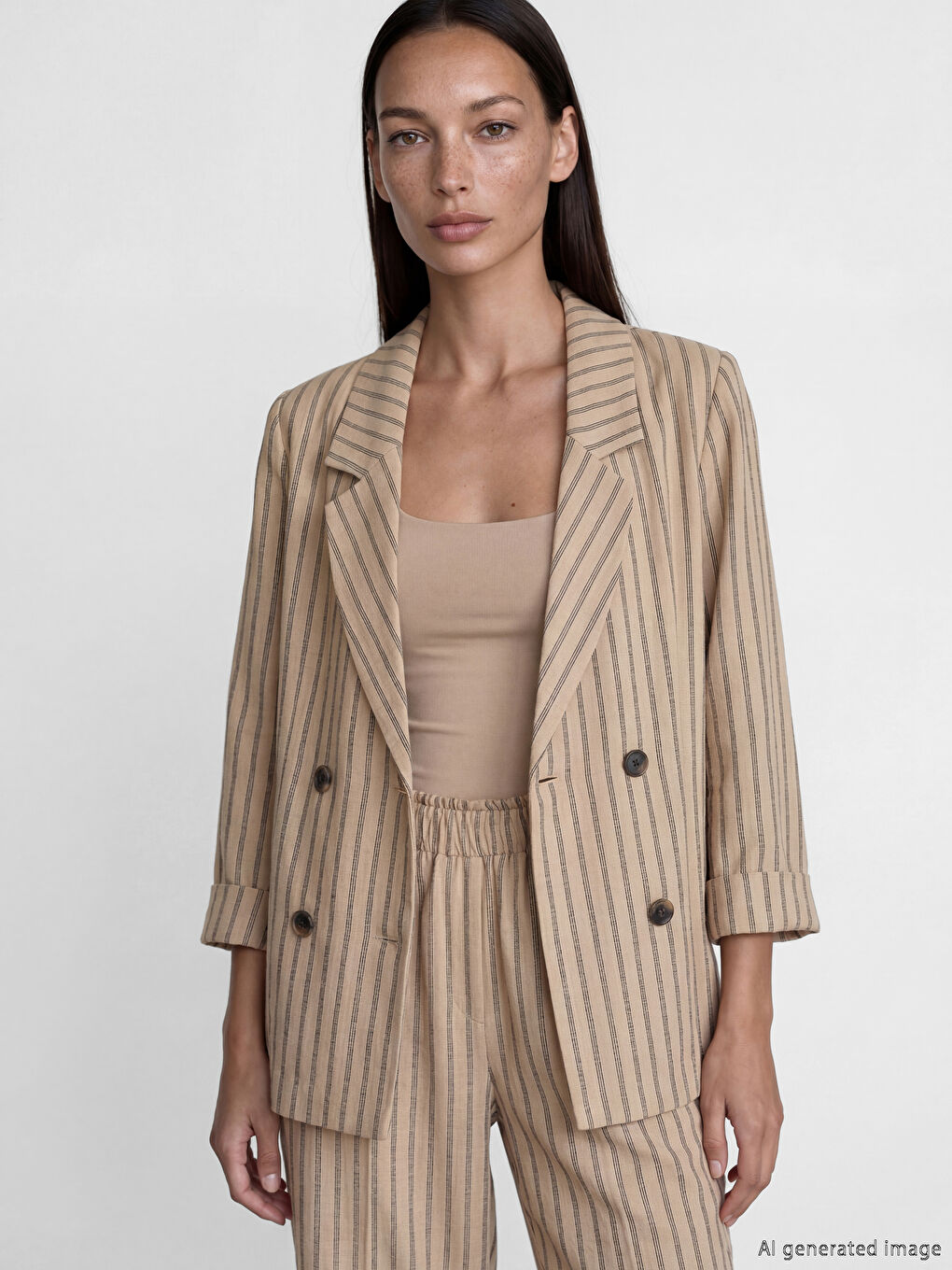 Kahverengi Kruvaze Yaka Çizgili Kadın Blazer Ceket-1