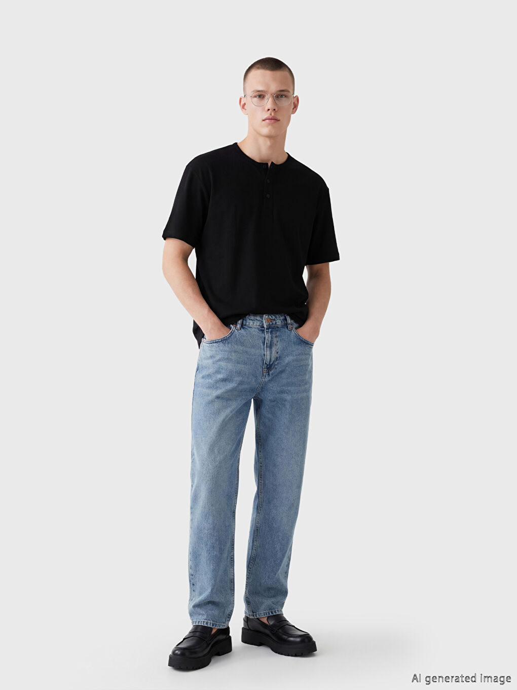 Siyah Henley Yaka Erkek Tişört-1