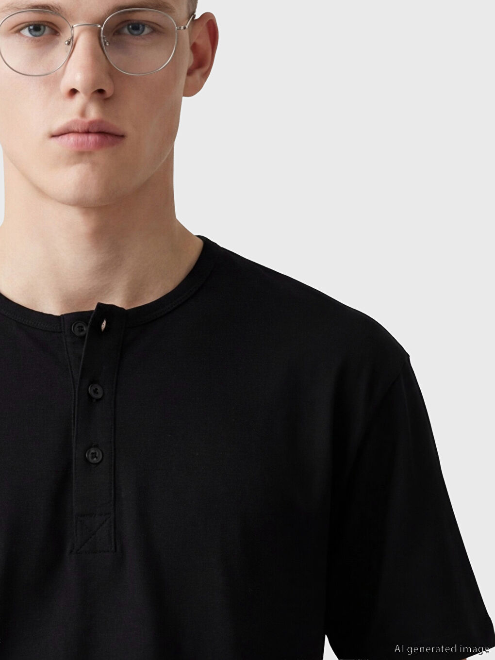 Siyah Henley Yaka Erkek Tişört-2