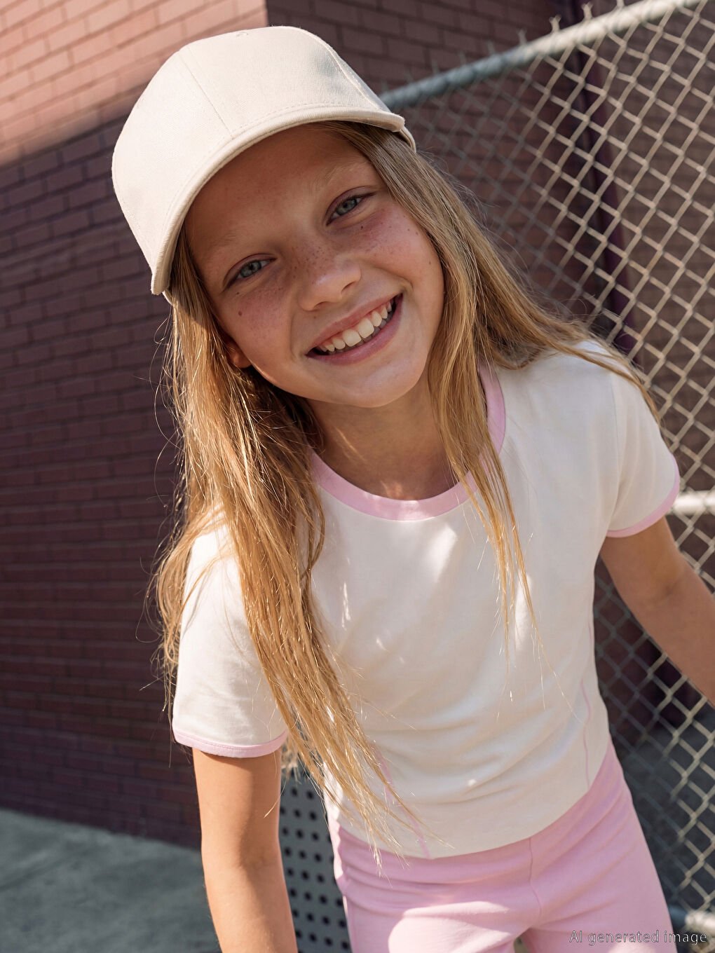 Ekru Bisiklet Yaka Soft Touch Kız Çocuk Tişört