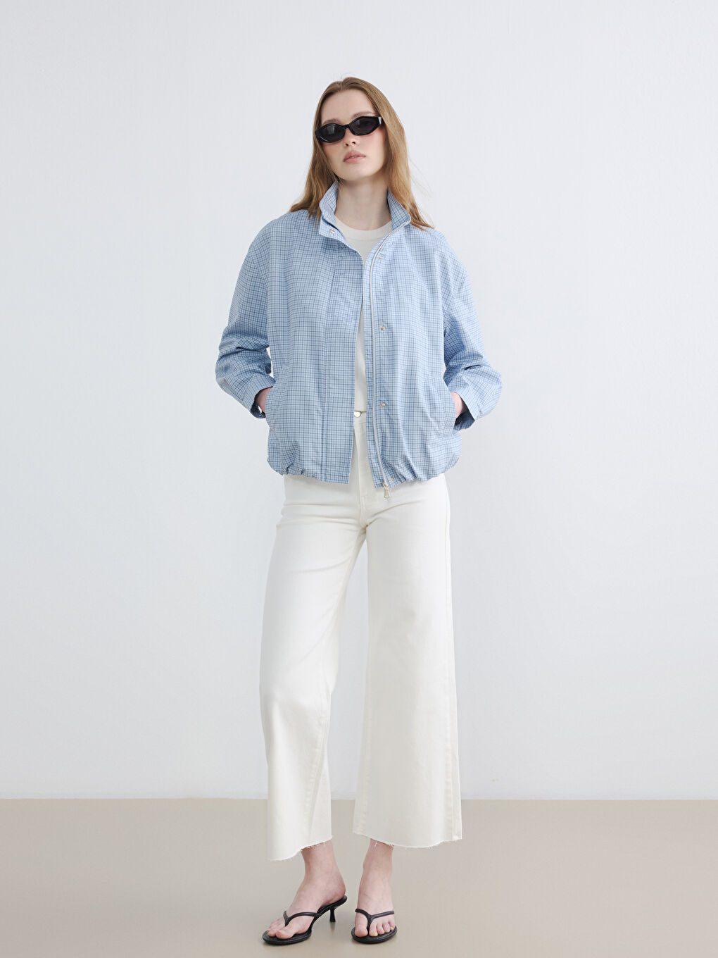 Mock Neck Plaid Oversize Women's Raincoat-1