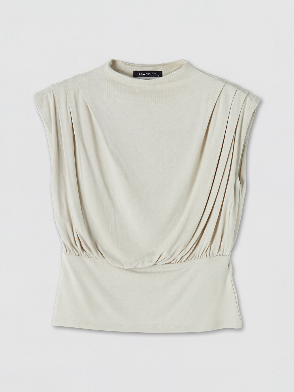 Bej Dik Yaka Büzgülü Bluz	Mock Neck Ruched Blouse-4