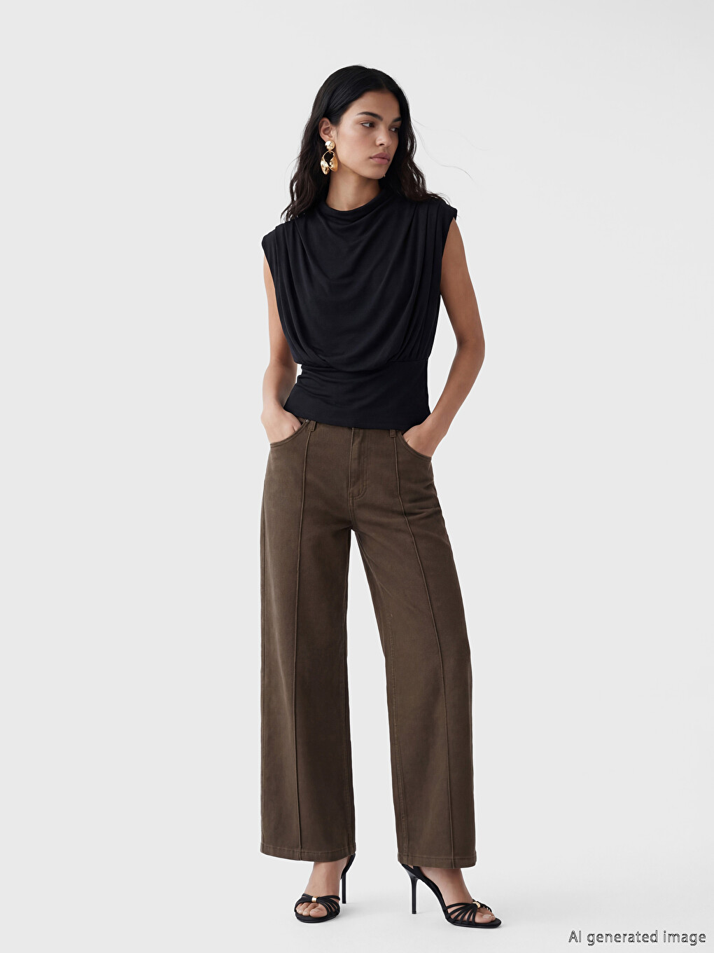 Siyah Dik Yaka Büzgülü Bluz	Mock Neck Ruched Blouse-1