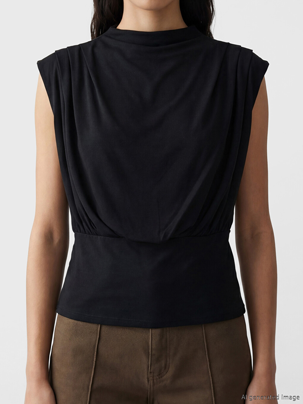Siyah Dik Yaka Büzgülü Bluz	Mock Neck Ruched Blouse-2