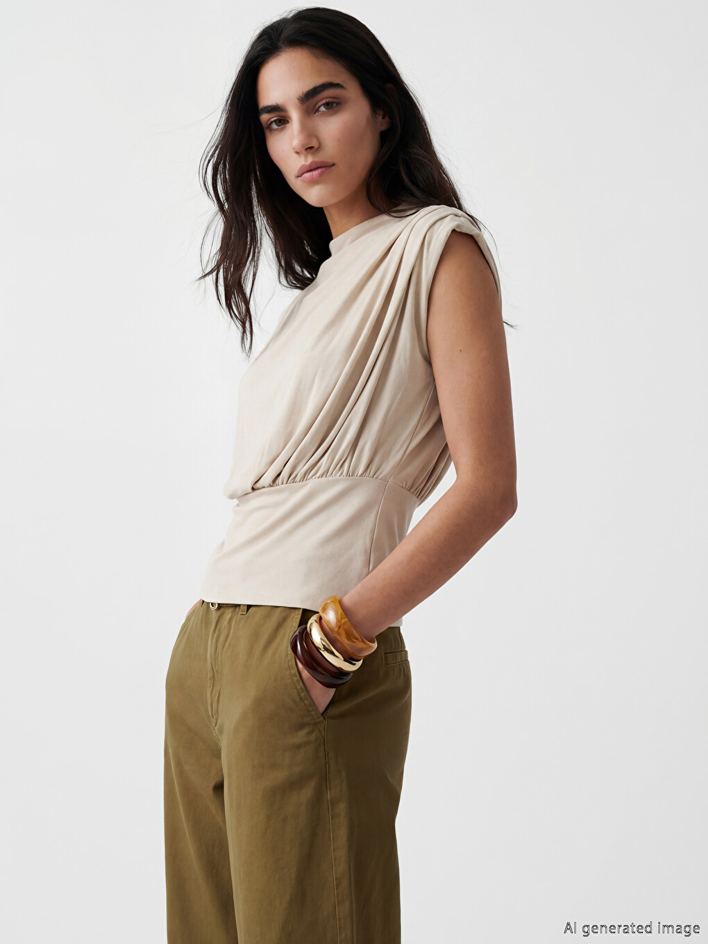 Bej Dik Yaka Büzgülü Bluz	Mock Neck Ruched Blouse