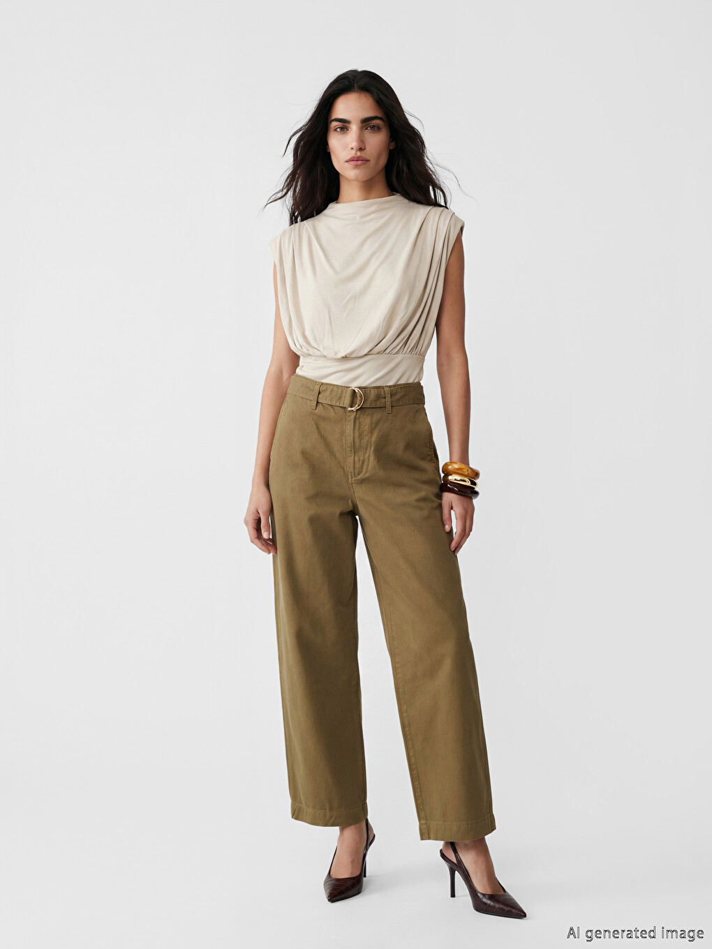 Bej Dik Yaka Büzgülü Bluz	Mock Neck Ruched Blouse-1