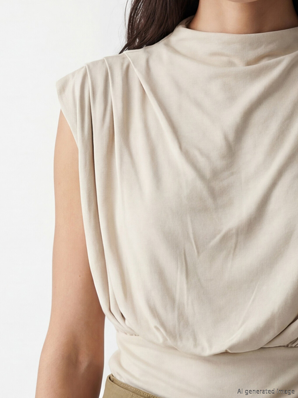 Bej Dik Yaka Büzgülü Bluz	Mock Neck Ruched Blouse-2